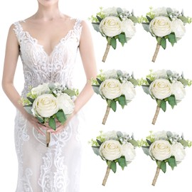 SEMONONIA Bridesmaid Bouquets Set of 6 - Ivory White Artificial Flowers Bouquet for Bridesmaids Wedding Small Floral Centerpieces for Marriage Proposal Party Anniversary Dining Table Decor -7 Inch