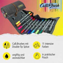 Online 19048 11 Calli.Brush Double Tip Pens with Calligraphy Tip 2 mm and Flexible Brush Tip, Intense Colours, in Roll Pouch