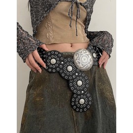Rumnoke Wide Disc Belt Vintage Hollow Belt for Women Boho PU Leather Belt Silver 130CM/51.2IN