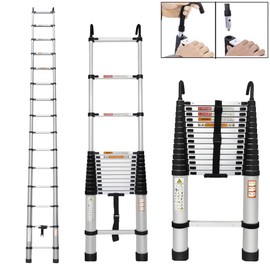 Qimu Telescoping Ladder Aluminum Extension with Roof Hooks 14FT Portable Telescopic Collapsible 2 Detachable Attic Rv Multi-Purpose for Home Outdoor 330lb Load