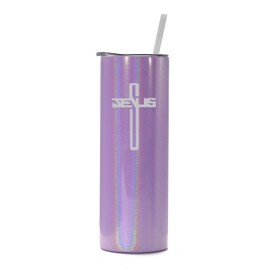 20 oz Skinny Tall Tumbler Stainless Steel Vacuum Insulated Travel Mug Cup With Straw Jesus Cross (Purple Iridescent Glitter)
