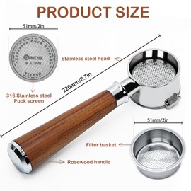 GIWOSK 51mm Bottomless Portafilter 2 Ears Espresso Portafilter Compatible with Delonghi ECP3420/EC155/BCO430/EC260 with Puck Screen Stainless Steel Filter Basket and Rosewood Handle