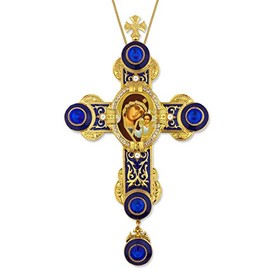 Needzo Virgin Mary Jesus Christ Virgin of Kazan Russian Icon Byzantine Style Wall Cross Pendant Pearls 9 Inch, Blue
