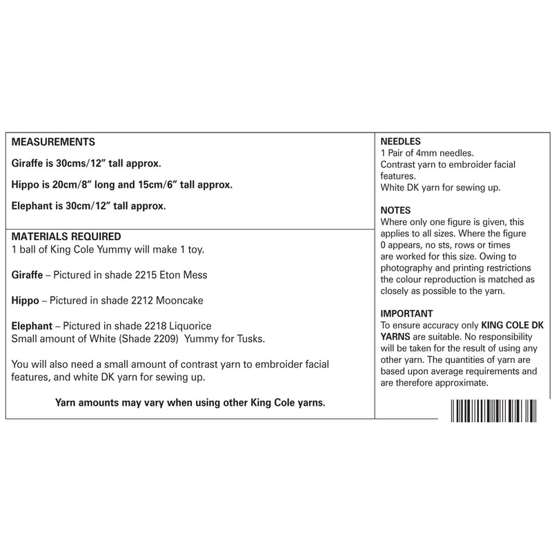 King Cole Giraffe, Hippo & Elephant Cuddly Toys Knitting Pattern