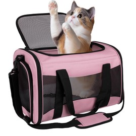 Cat Carrying Case Pet Dog Carrier Soft-Sided Cat Bag Airline Approved, Pet Travel Carrier Up to 15 Lbs, Collapsible Cat Carrier Dog Carrier for Medium Cats Small Cats Dogs (Pink, 17 * 11 * 11)