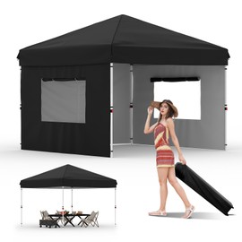 10x10 Pop Up Canopy with Removable 3 Sidewalls - Easy Up Camping Tent with One Button Push Setup - 1 Roller Bag, 3 Adjustable Height, 4 Weight Bags for Deck, Garden, Sports, Beach, Party - Black