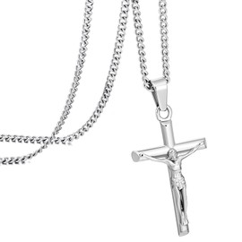 murtoo Jesus Cross Necklace for Men, Sliver and Gold Men’s Carved Jesus Cross Necklace, Religious Pendant Necklace Gifts for Men (20+2 inch, silver)