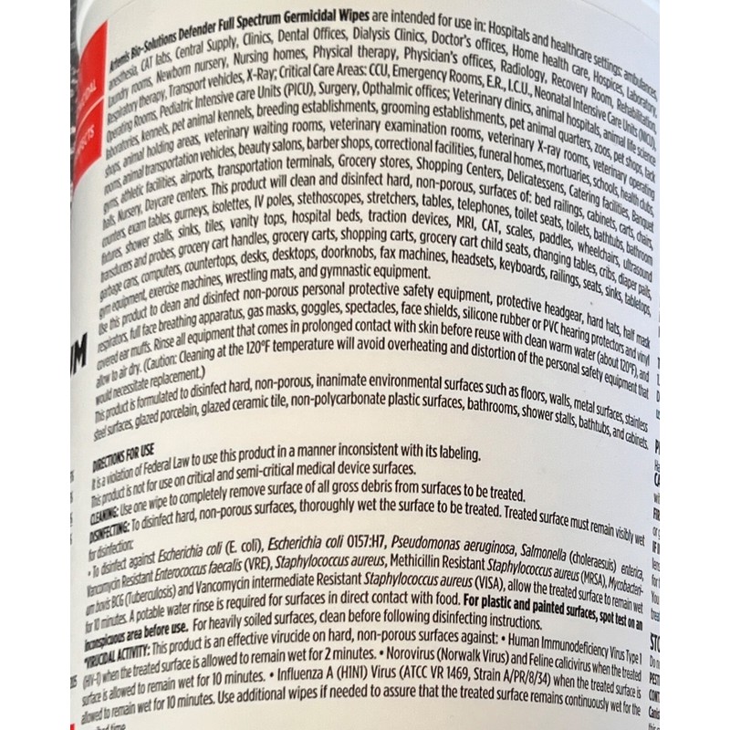 Artemis Bio-Solutions **Artemis Bio Defender Full Spectrum Germicidal Wipes |