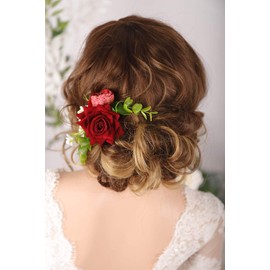 Kercisbeauty Bridal Burgundy Deep Red Flower Hair Comb Clips Wedding Floral Headpiece Hair Accessories for Women