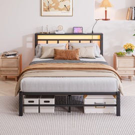 Maliacife Full Size Bed Frame with Headboard,LED Light and Charging Station with Wood Shelves,Metal Platform Bed with Heavy Duty Slats Support,No Box Spring Needed,Easy Assembly,Noise Free,Black