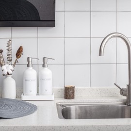 Janxin Glass Soap Dispenser for Kitchen,16oz Morden Hand and Dish Soap Dispenser with Stainless Steel Pump and wood Tray,Bathroom Soap Dispenser with Waterproof Labels (White Bottles+Silver Pumps)