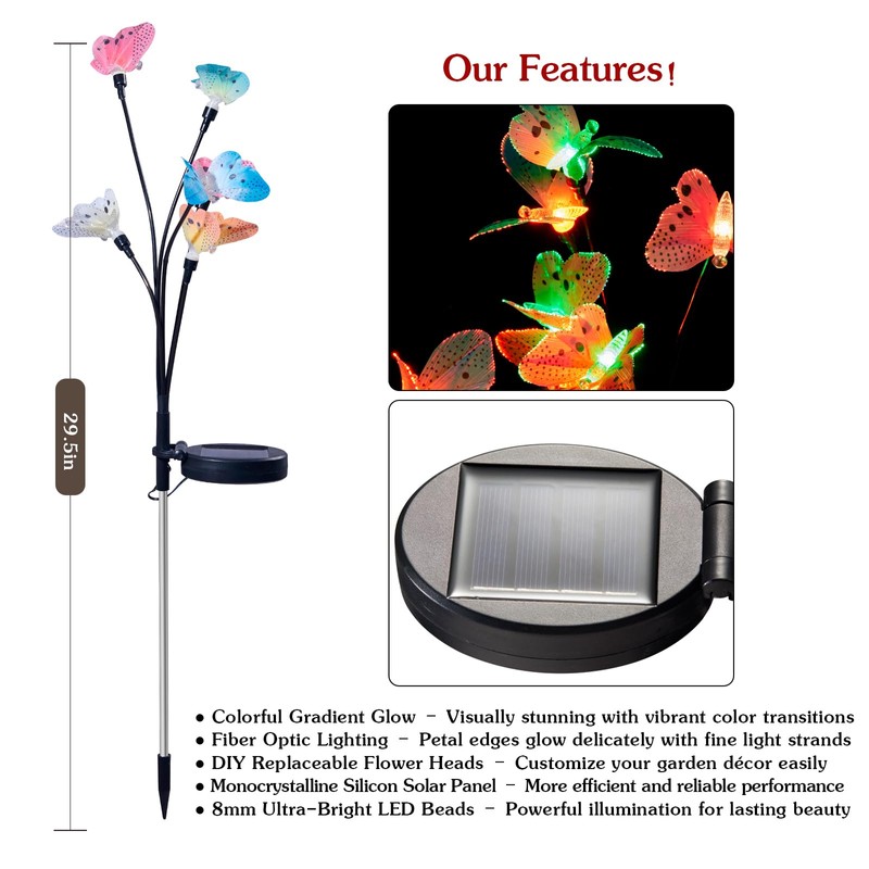 Solar Butterfly Lights Outdoor 2 Pack, Each with 6 Fiber