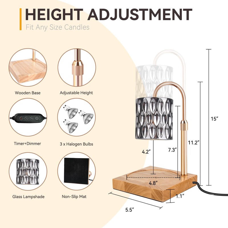 TOACSUCP Candle Warmer Lamp with 3 Bulbs, Adjustable Height Dimmable