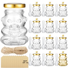 12 Pieces 4 oz Bear Shaped Glass Honey Jars Gold Lids Extra Gold Bee Pendants Clear Plastic Spoon Kraft Paper Tags Twine for Baby Shower Wedding Party Favors