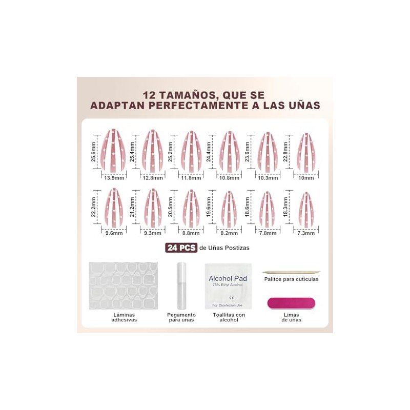 Uñas Postizas con Punta Francesa, Uñas Press on para Manos,