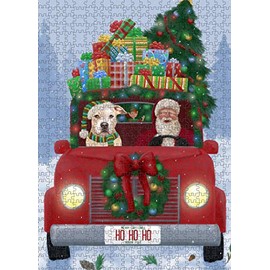 Christmas Honk Honk Red Truck with Santa and Pitbull Dog Jigsaw Puzzle for Adults - Animal Printed Interlocking Puzzle Game Artwork - Gift for Dog Lover's- 500 Pcs 14"x20", PZLE59867