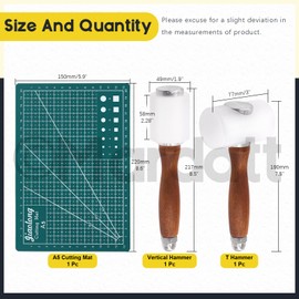 Mardatt 3Pcs Leather Carving Hammer and A5 Cutting Mat, T Hammer & Vertical Hammer Nylon Leather Mallet Wooden Handle Leather Craft Mallet for DIY Leather Craft