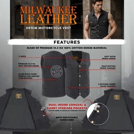 Milwaukee Leather Men's Classic Western V-Neck Premium Denim Motorcycle Biker Vests | MDM - Medium