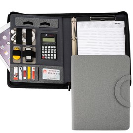 Zippered Padfolio Folder, A4 Multi-Function Portfolio Leather Combination case,with Notebook, Calculator, Business Conference Portfolio Organizer Notepad Folder Bag for Women/Men (Light Gray)