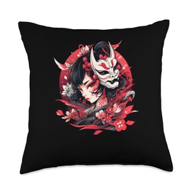 Japanese Anime Mask Floral Culture Illustration Throw Pillow