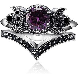 COLORFUL BLING Amethyst Triple Godness Moon Band Ring Set Purple Crystal Wicca Pagan Cresent for Women Wedding Engagement Promise Jewelry-5