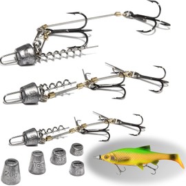Pack of 3 stinger hooks with leader system (S, M, L) for baits of sizes 10, 13, 18 cm and 5 interchangeable weights, treble hooks for rubber fish with jig head, shallow rig and fear hook, leader pike bait