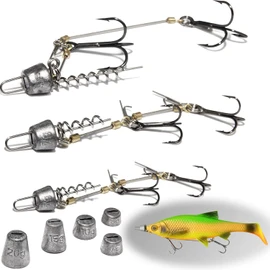 Pack of 3 stinger hooks with leader system (S, M, L) for baits of sizes 10, 13, 18 cm and 5 interchangeable weights, treble hooks for rubber fish with jig head, shallow rig and fear hook, leader pike bait