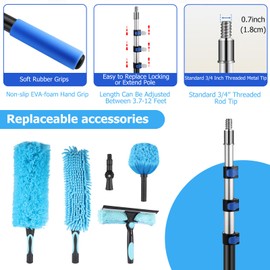 Hammrit 20 Foot High Reach Ceiling Duster Kit 3.6-12ft Extendable Pole with Cobweb Duster,Ceiling Fan Duster,Window Squeegee and Scrubber, Microfiber Feather for Easy Cleaning Indoor & Outdoor