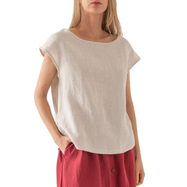Amazhiyu Womens 100% Linen Casual Cap Sleeve Tops Basic Summer Loose Fit Blouse Flax， Medium