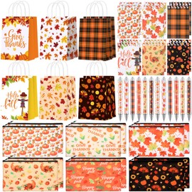 Motiskyy 48 Pcs Fall Party Favors Thanksgiving Fall Paper Gift Bags Pumpkin Maple Leaf Cosmetic Bags Notepads Ballpoint Pens for Thanksgiving Day Harvest Party Gift Supplies Decor