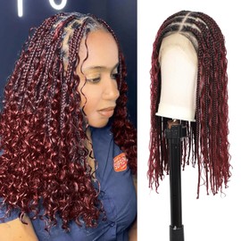 Zurffiy 13x8 Inch HD Lace Short Boho Braided Wigs for Women Knotless Braided Wigs with Curly End Human Hair Blended Burgundy Box Braid Wig with Baby Hair 18 Inch
