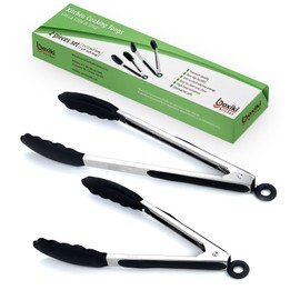 Kitchen Tongs for Cooking with Silicone Tips by Boxiki Kitchen, BPA Free Stainless Steel set of 2 Silicone Tongs for Cooking, Grilling & Toss a Salad, Heat Resistant Grill Tongs for Serving Food.