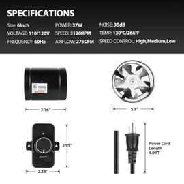 YSSOA 6 Inch Inline Booster Duct Fan with Speed Controller, HVAC Exhaust Ventilation Blower with Low Noise for Attics, Bathrooms, Kitchens, Workshops and Basements