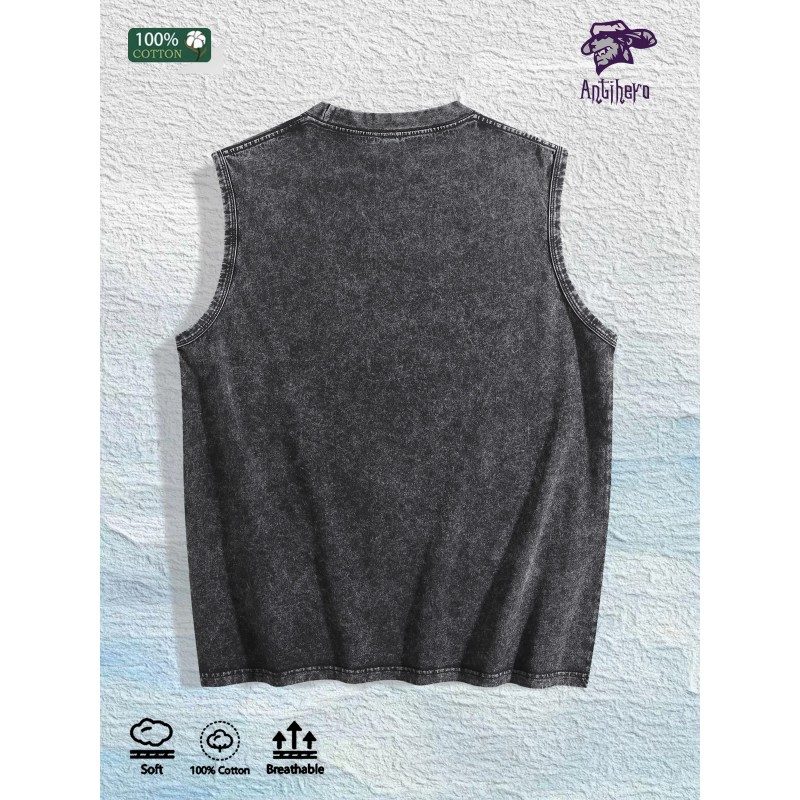Crane Peony Kanji Washed Vest US Warehouse 3 Colors Cotton