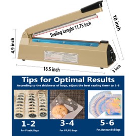 Yeler 12 Inch Impulse Heat Sealer - Manual Poly Bag Sealer Machine for Plastic PE PP Bags - Extra Replace Element Grip (Beige)