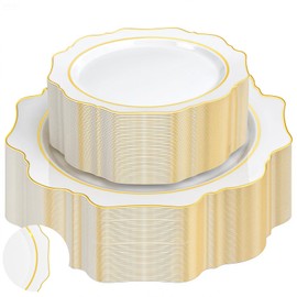 WDF 100PCS White and Gold Plastic Plates - Gold Disposable Plates - Include 50 Dinner & 50 Dessert Plate for Party - Heavy Duty Fancy Plastic Plate for Wedding/Thanksgiving/Bridal shower