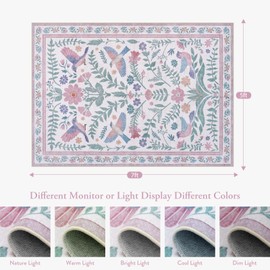 LIVEBOX Washable 5x7 Area Rug, Soft Boho Pink Rugs for Bedroom Girls, Non-Slip Vintage Large Living Room Rug, Ultra-Thin Floral Birds Mat Non-Shedding Indoor Carprt for Dining Room Nursery, Pink