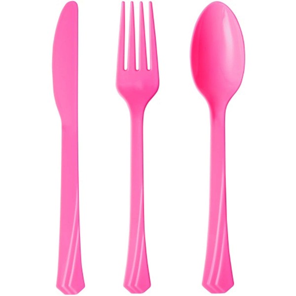 Tiger Chef Plastic Cutlery Set Heavy Duty Colored Plastic Silverware - Includes Forks, Teaspoons, and Knives (96, Hot Pink)