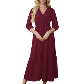 PerZeal Women's Casual Beach Maxi Dress Spring Summer 3/4 Sleeve Buttons Tiered Ruffle A Line Swing Dresses Burgundy Medium