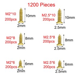 SyiXute Pack of 1200 Small Self-Tapping Screws, M2/M2.5 Small Screws, 6 mm/8 mm/10 mm Flat Head Cross Head Tapping Screws Set for Electronic Accessories, Hinge Fittings (Gold)