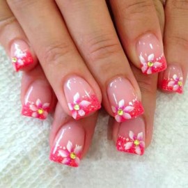 Pink Floral Press on Nails Short Square False Nails Glitter French Fake Nails Cute Flowers Glue on Nails Reusable Acrylic Stick on Nails Summer Full Cover Finger Nails for Women Girls 24 Pcs