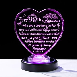 Arikyrist Crystal 90th Happy Birthday Gifts for Women Heart Keepsake for Mum Grandma Friends 90 Years Old with Colorful Light Base Speical 90th Birthday Ornament Presents for Female