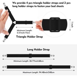 Correas de soporte para sábanas, 4 + 2 clips ajustables para sábana de colchón, sujetadores de sábana elásticos para mantener la sábana en su lugar para diferentes camas (negro)