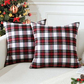 JOTOM Christmas Scottish Tartan Plaid Throw Pillow Covers Farmhouse Classic Decorative Square Cushion Covers 40 x 40cm Soft Pillowcases for Decor Sofa Couch 16x16 Inch Set of 2 (Red White)