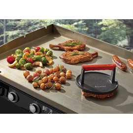 Mr. Bar-B-Q 06681Y Cast Iron Grill Press | Pre-Seasoned Base & Hardwood Handle Burger Cooks Food Evenly Ridges on Bottom Keeps in Contact with Surface 7 Inch Press, Black