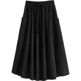 Lyking Women's Casual High Waist Pleated A-Line Midi Skirt with Pocket(Black,Large)