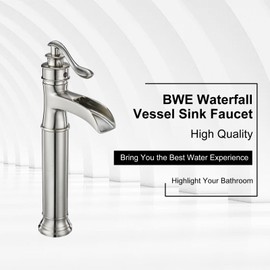 BWE Waterfall Vessel Sink Faucet Brushed Nickel Bathroom Faucet Single Handle Tall Single Hole Bathroom Sink Faucet Commercial Mixer Tap with Pop Up Drain Assembly and Supply Line Lead-Free
