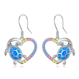 Sea Turtle Dangle Earrings Sterling Silver Heart Ocean Turtle Blue Opal Earrings Jewellery Gifts for Women Girls