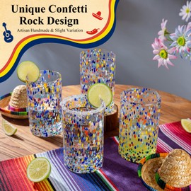 ZHENGYAOYANG Hand Blown Mexican Drinking Glasses, Confetti Rock Textured Design, Recycled Glass Tumblers, 16 Oz, Set of 6