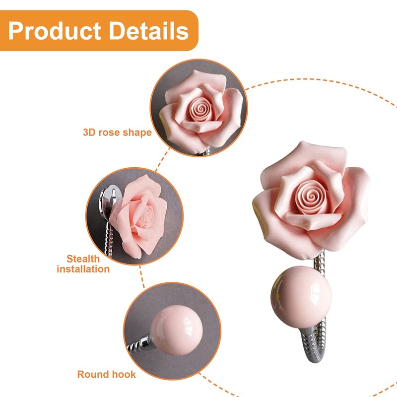 MOROBOR Pink Flower Ceramic Wall Coat Hook，4pcs 3D Rose-Shaped Chrome